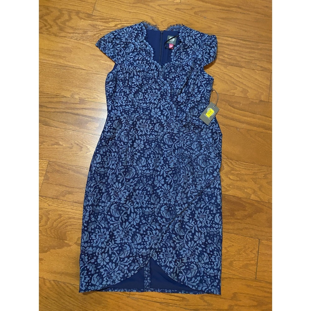 NWT $158 Vince Camuto Navy LS Keyhole Dress Midi Cocktail Party Elegant SZ 8
